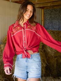 Round Top Embroidered Button Down - Red Clay-view 1