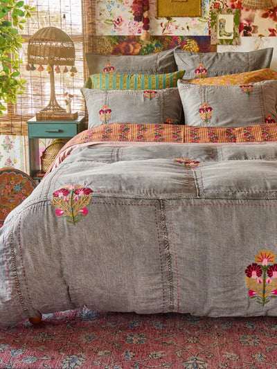 Embroidered Denim Duvet Cover - Light Grey-view 1