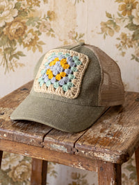 Granny Square Trucker Hat - Green-view 1