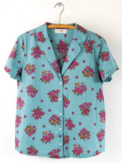 Mix & Match Cotton Short Sleeve Pajama Top - Flower Picking Teal-view 1