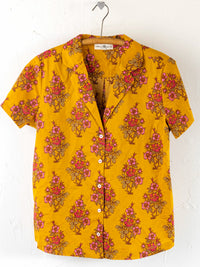 Mix & Match Cotton Short Sleeve Pajama Top - Garden Block Stamp Gold-view 1