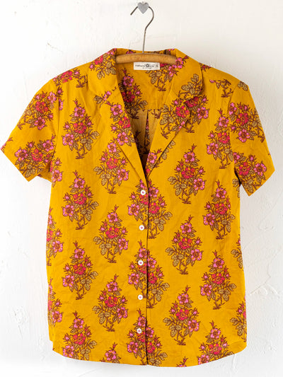 Mix & Match Cotton Short Sleeve Pajama Top - Garden Block Stamp Gold-view 1
