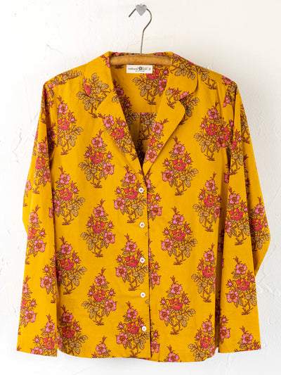 Mix & Match Cotton Long Sleeve Pajama Top - Garden Block Stamp Gold-view 1