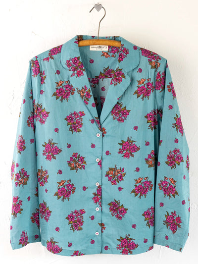 Mix & Match Cotton Long Sleeve Pajama Top - Flower Picking Teal-view 1