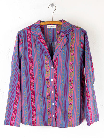 Mix & Match Cotton Long Sleeve Pajama Top - Retro Ribbons Navy-view 1