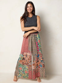 Go With The Flow Cotton Wide Leg Pants - Patchwork Medallion Floral-view 1