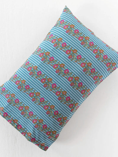 Mix & Match Cotton Pillowcase, Single - Blue Floral Stripe-view 1