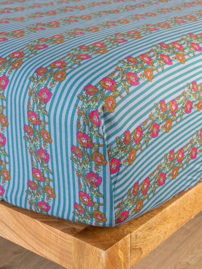 Mix & Match Cotton Fitted Sheet - Blue Floral Stripe-view 1